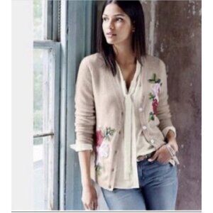 NWOT Garnet Hill Crewel Floral Embrodiered Cardigan 100% Lambs wool womens L